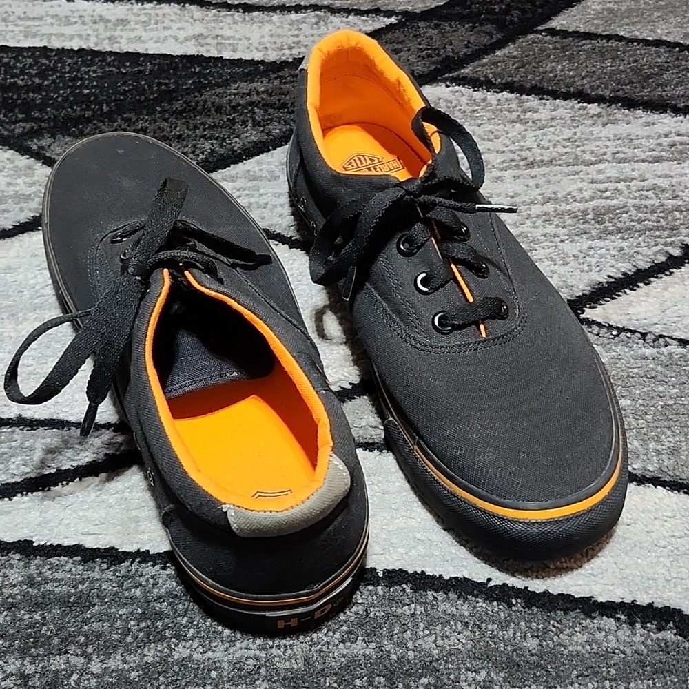 HARLEY DAVIDSON MOTORCYCLE LAWTHRON BLACK CANVAS ORANGE PINSTRIPES SNEAKERS - Picture 10 of 12